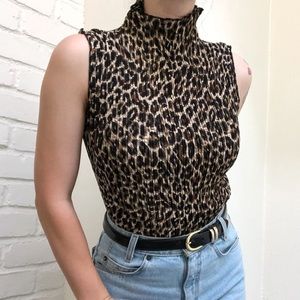 VTG y2k leopard print scrunch turtle neck blouse M